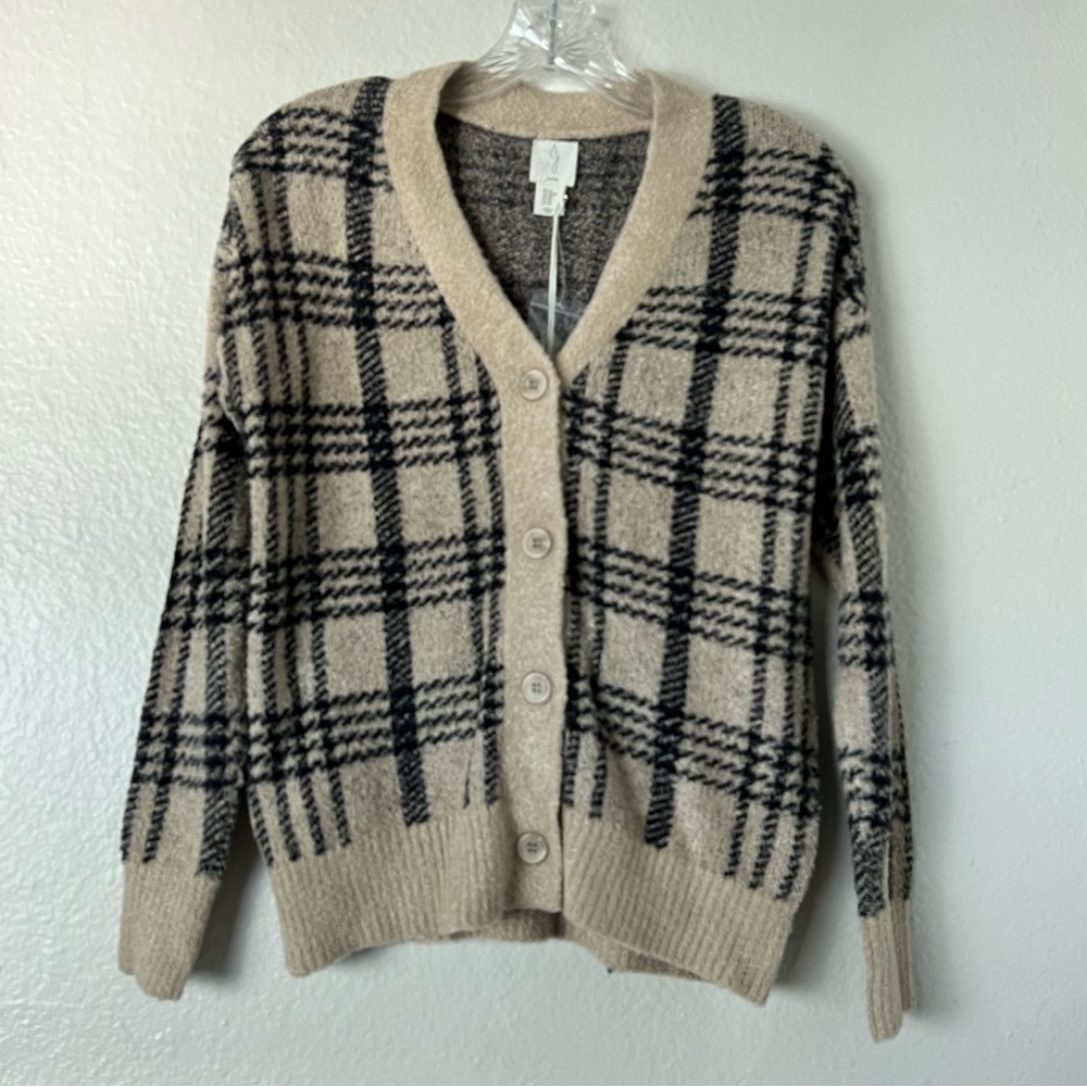 JOIE • Black & Tan Plaid Button Down Cardigan Soft Size XS